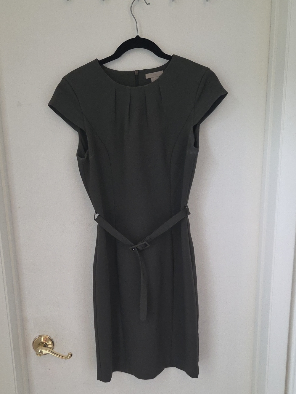 H&M Olive Green Cap-Sleeve Belted Sheath Dress